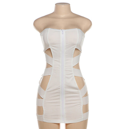 Summer Women Sexy Tube Top Hollow Out Cutout out Stitching Zipper Skinny Sheath Dress