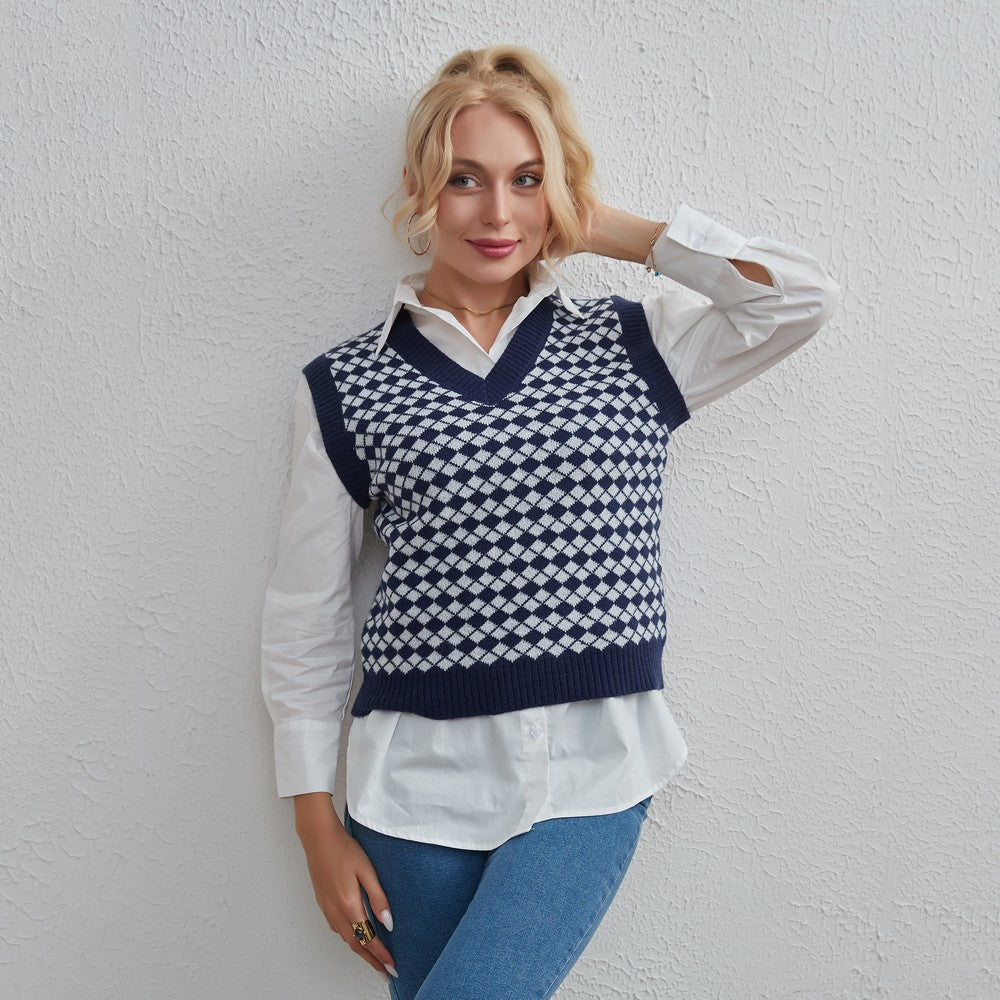 Women Clothing Basic Simple Stylish Casual Rhombus Sweater Vest