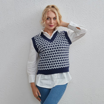 Women Clothing Basic Simple Stylish Casual Rhombus Sweater Vest