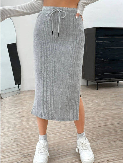 Autumn Winter Casual High Waist Drawstring Slit Knitted Fleece Skirt for Women