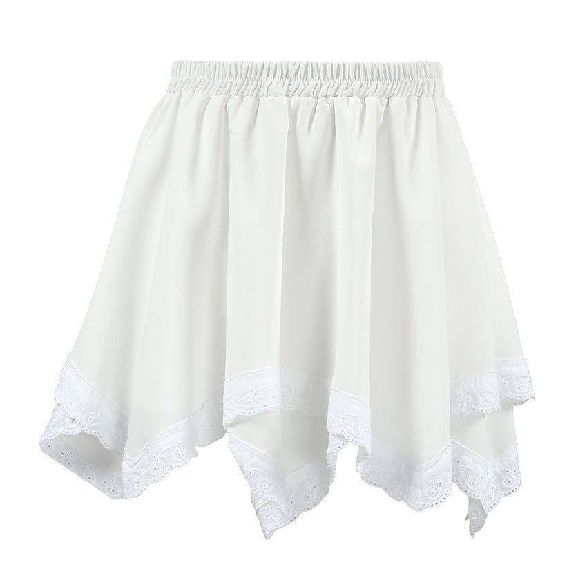 White Chiffon Lace Staggered Design Office Skirt Summer Skirt