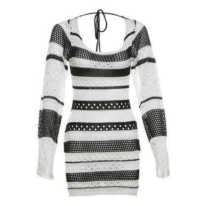 Fall Sexy Hollow Out Cutout out Backless Lace up Knitted Striped Dress Women