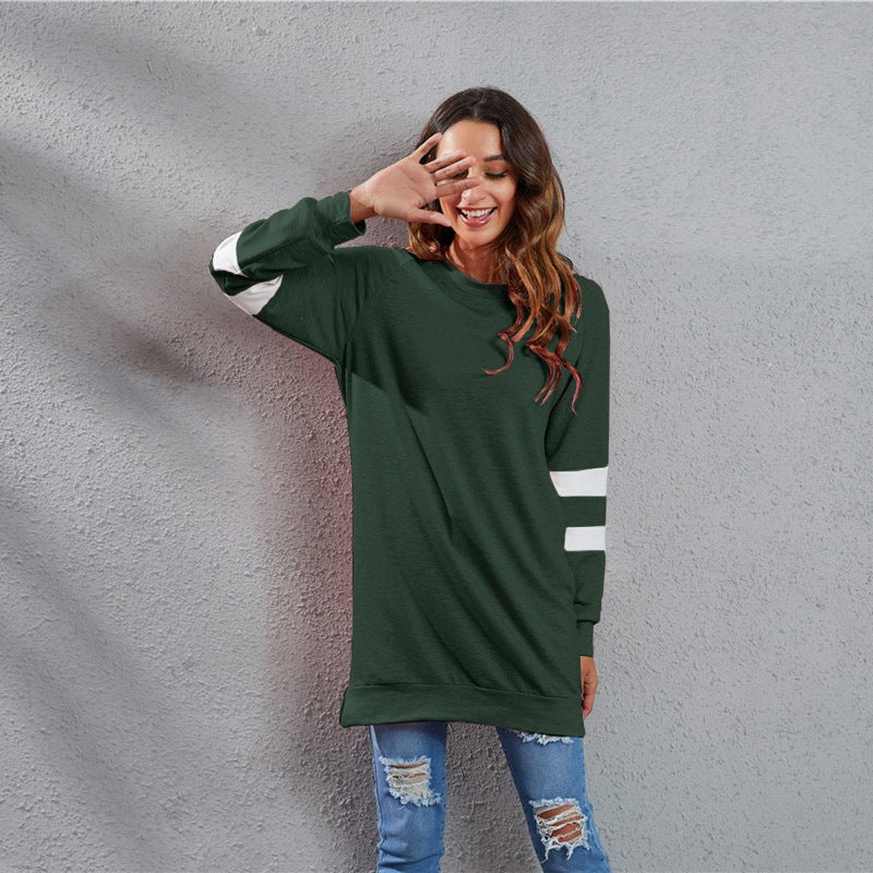 Spring Summer round Neck Contrast Color Stitching Long Sleeve Color Cotton Casual Loose Top Women