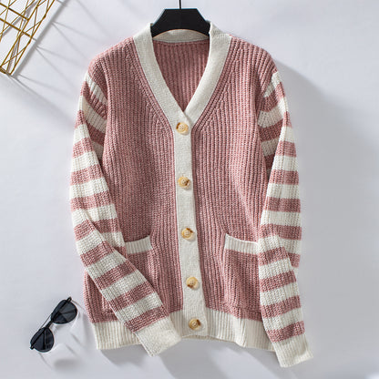 Striped Button Knitted Cardigan for Women Autumn Winter Casual Loose Sweater Women Coat