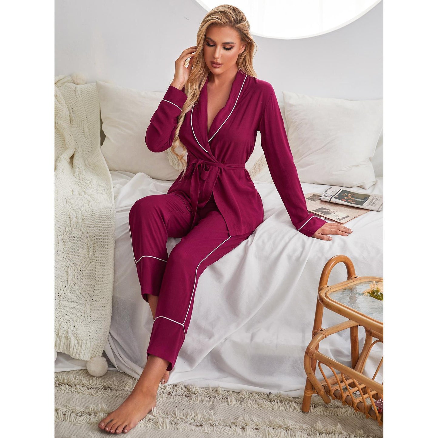 Pajamas Women Autumn Winter Long Sleeved Red Cardigan Nightgown Ladies Homewear