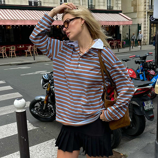 Cool Top Niche Contrast Color Striped Loose T Shirt Autumn Retro Long Sleeve