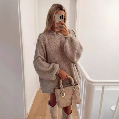 Autumn Winter Loose Mock Neck Office Faux Ide Out Wear Knitted Pullover Solid Color Sweater Women