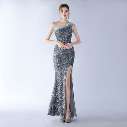 Decorative Ostrich Feather off Shoulder Collar Sequined The Dinner Party Nightclub Dress Long Evening Dress