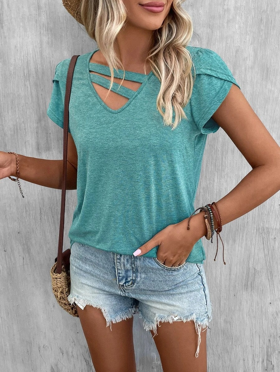 Women Clothing Summer Solid Color Stitching Petal Sleeve Loose T Top Women