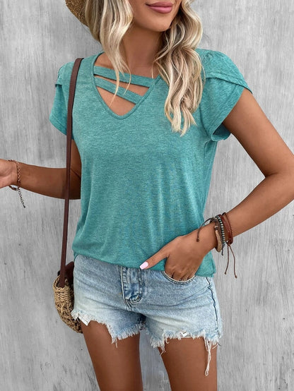 Women Clothing Summer Solid Color Stitching Petal Sleeve Loose T Top Women