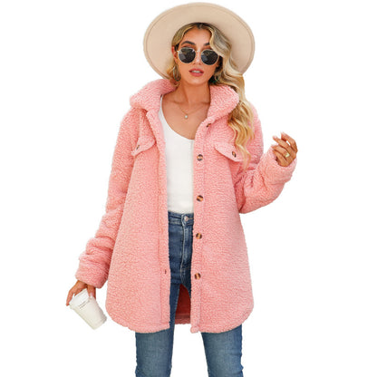 Women Autumn Clothing Collared Long Sleeve Loose Breasted Faux Mouth with Non Ironing Long Bubble Velvet Coat