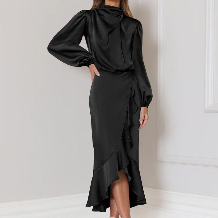 Fishtail High Grade Satin Long Sleeve Loose Dress Elegant Women Dress Evening Dress