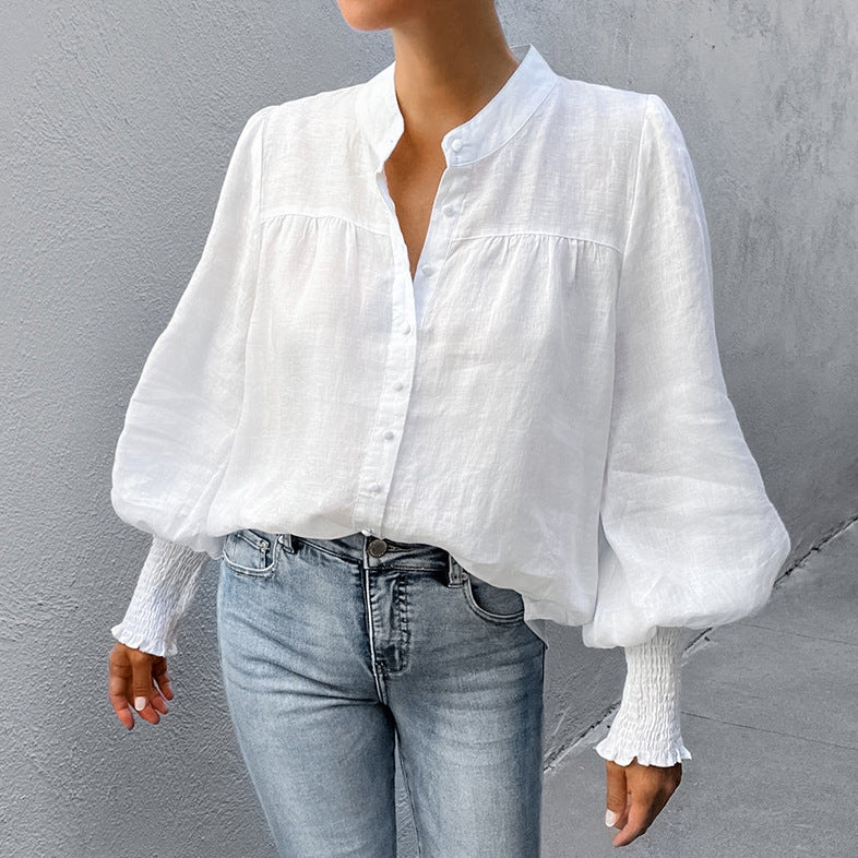 French Small Stand Collar Puff Sleeve Cotton Linen Women Shirt Spring Tops