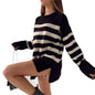 Women Clothing Spring Autumn Pullover Crew Neck Sweater Classic Contrast Color Striped Slit Hemline at Hem Top