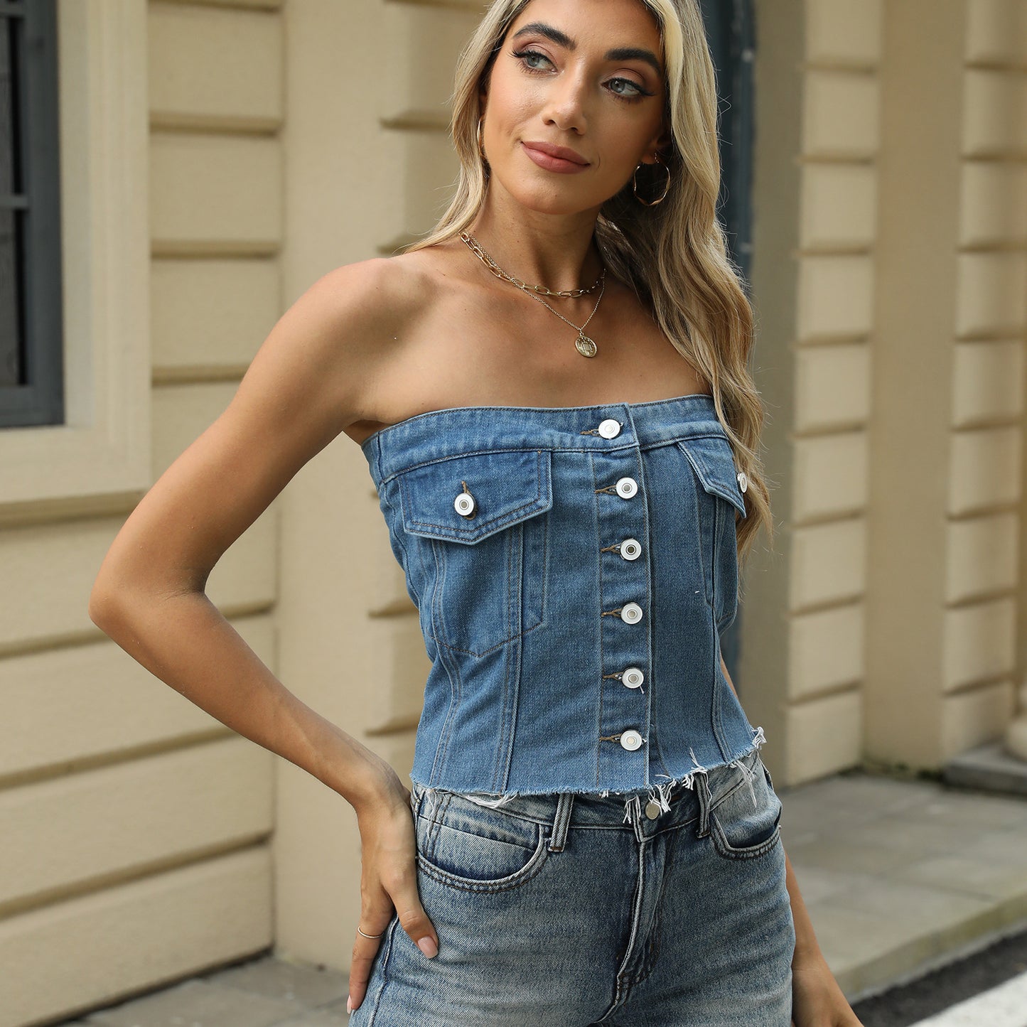 Women Washed One Breasted off the Shoulder Raw Edge Denim Sexy Tube Top