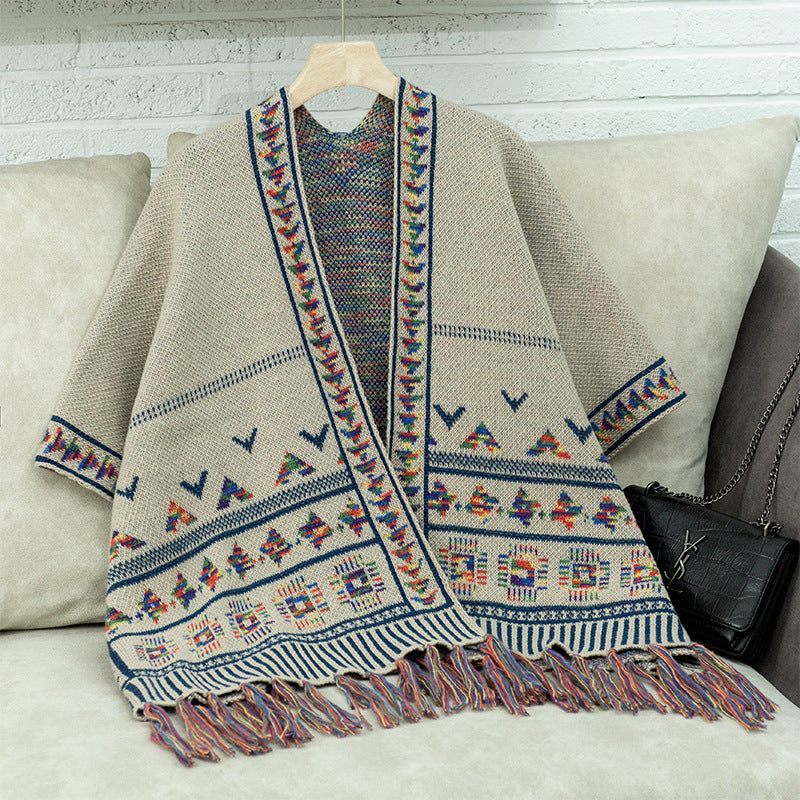 Knitted Tassel Shawl for Women Autumn Winter Casual Loose Jacquard Cape Cloak Coat