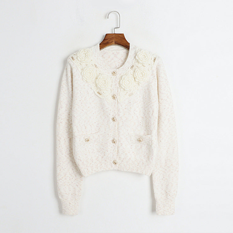 Hand Crochet Three Dimensional Floral Round Neck Cardigan Early Spring Gentle Single Breasted Sweater