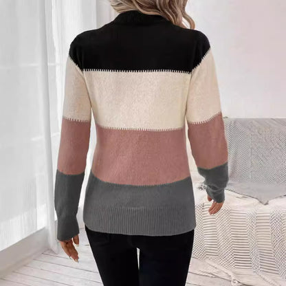 Autumn Winter Contrast Color Sweater Women Pullover round Neck Long Sleeves Knitwear Casual All Matching Tops