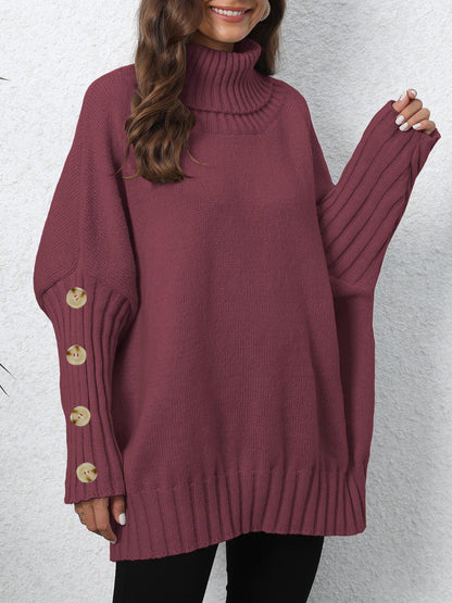 Women Pullover Button Knitted Solid Color Turtleneck Collared Loose Woven Sweater Top