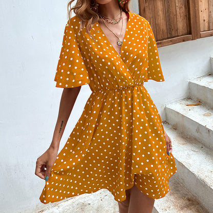 Popular V Collar Polka Dot Waist Tight Summer Dress Women