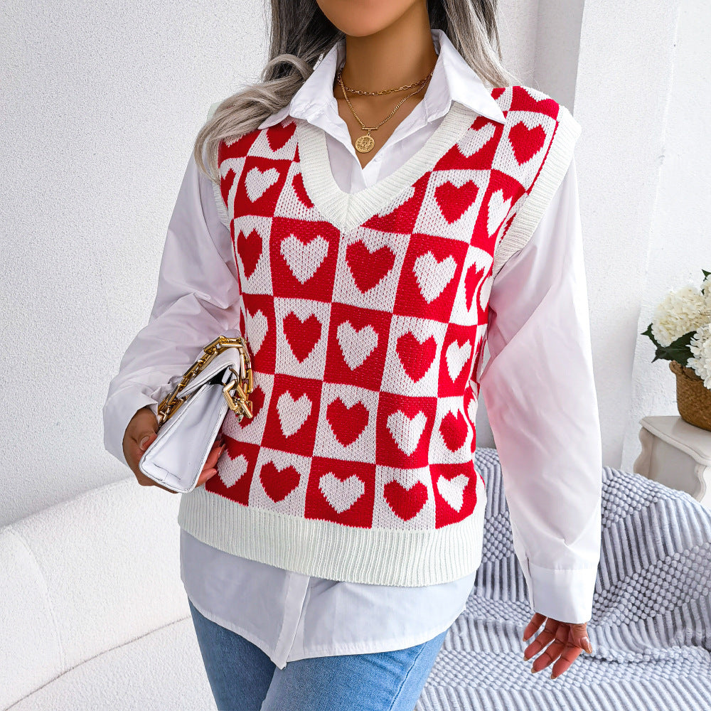 Autumn Winter College Heart Knitted Vest Sweater Vest Women Clothing
