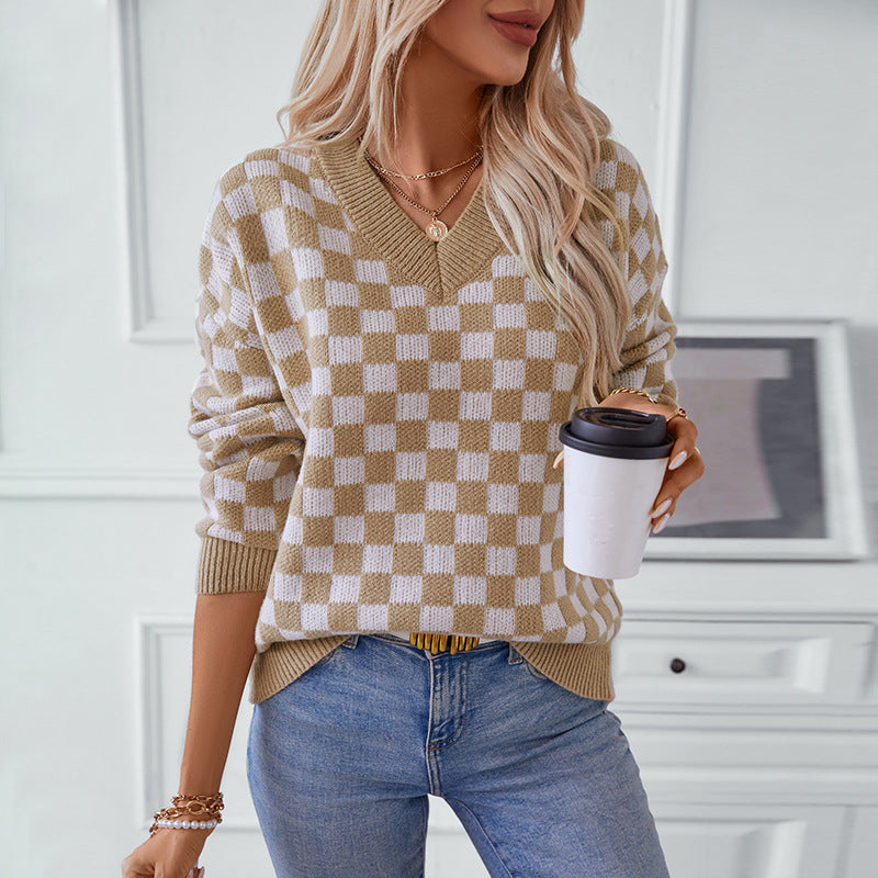 V Neck Pullover Plaid Women Sweater Autumn Winter Casual Loose Long Sleeve Sweater