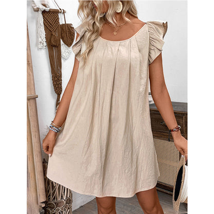 Round Neck Dress Solid Color Mid Dress Summer Ruffles Solid Color Round Neck Loose Mid Dress Women