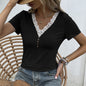 Summer Lace V Neck Patchwork Short Sleeved T Shirt Comfortable Knitted Top Women