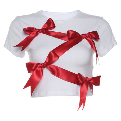 Spring Round Neck Short Sleeve Bow Strap Cropped T Shirt Women