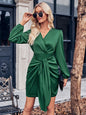 Autumn Winter Arrival Women Casual V neck Solid Color Tie Waist Long Sleeve Sexy Dress