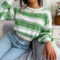 Autumn Winter Color Contrast Long Sleeve Knitted Sweater Women Clothing