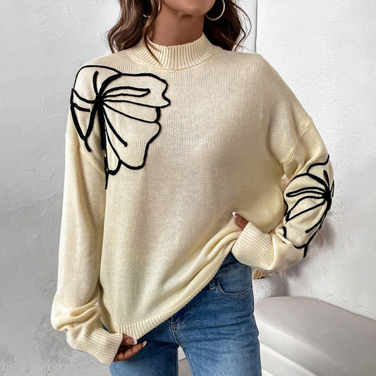 Fall Women Clothing Half Turtleneck Floral Pattern Sweater Women