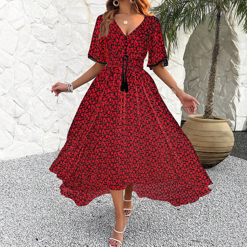 Spring Summer Women Clothing V Neck High Waist Elegant Printing Dress