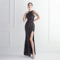 Heavy Industry Micro Glass Bead Craft Beaded Cocktail Evening Dress Elegant Long Halter Split Sequ