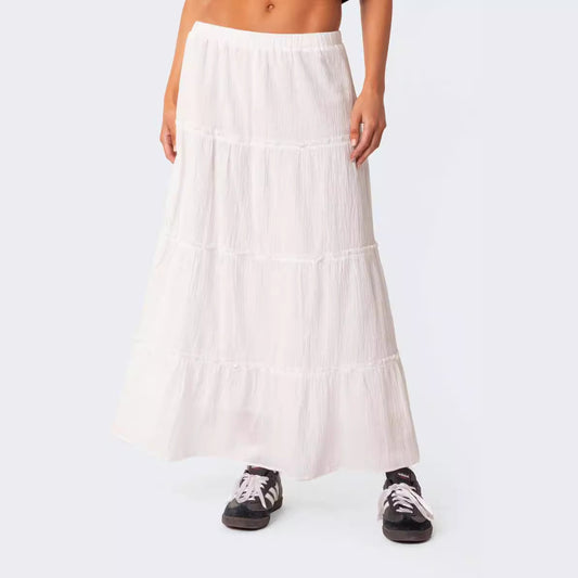 Solid Color Pleated Casual Graceful Elegant Skirt Long Skirt