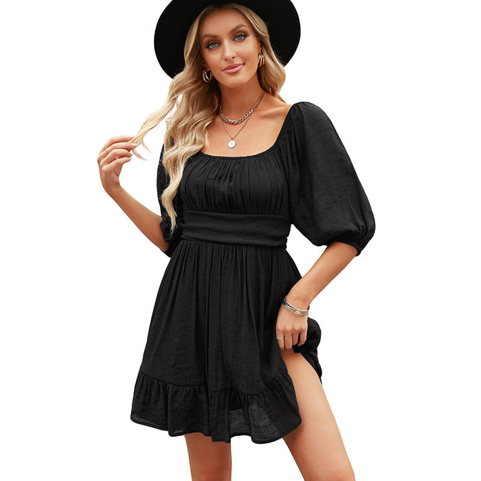 U Collar Pullover Dress Women Solid Color Mid-Sleeve Pleated Knee Length