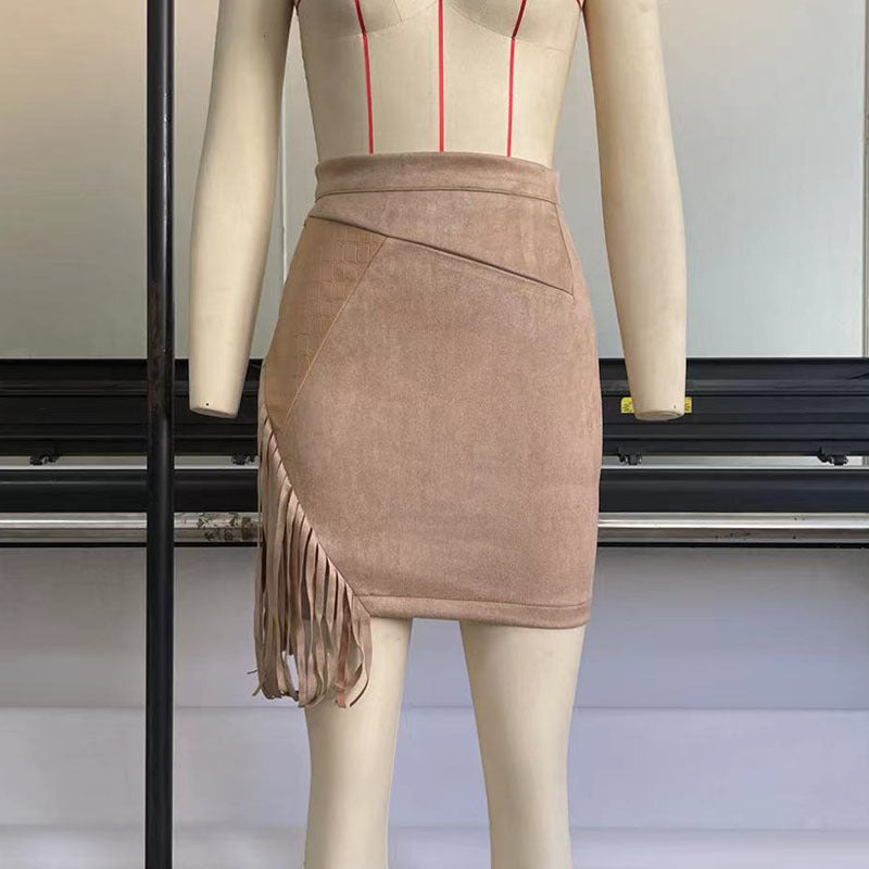 Tassel Leather Skirt Skirt Suede Skirt Stitching Irregular Asymmetric High Waist Sexy Hip Skirt Short Skirt