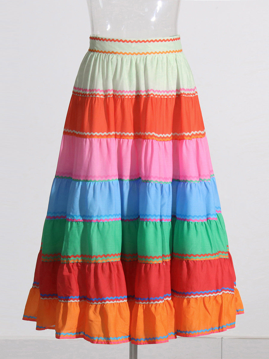 Vacation Rainbow Striped Skirt Autumn High Waist Stitching Colorful Loose Slimming   Midi Skirt for Women