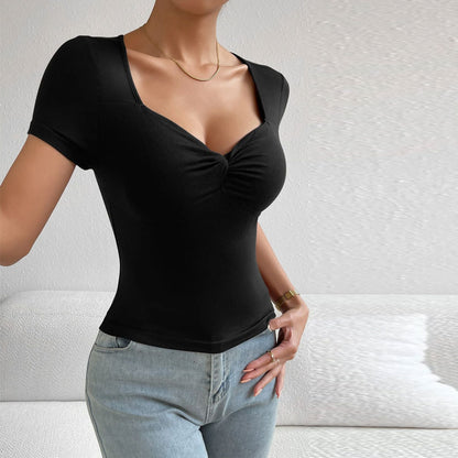 Women V neck Slim Short Sleeve Solid Color Knitted T shirt Top