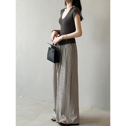 Korean Elastic Waist Striped Wide Leg Pants Women Autumn Loose Casual Straight Trousers