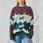 Year Sweater Christmas Sweater Round Neck Long Sleeve Color Matching Christmas Elk Knitted Pullover Women