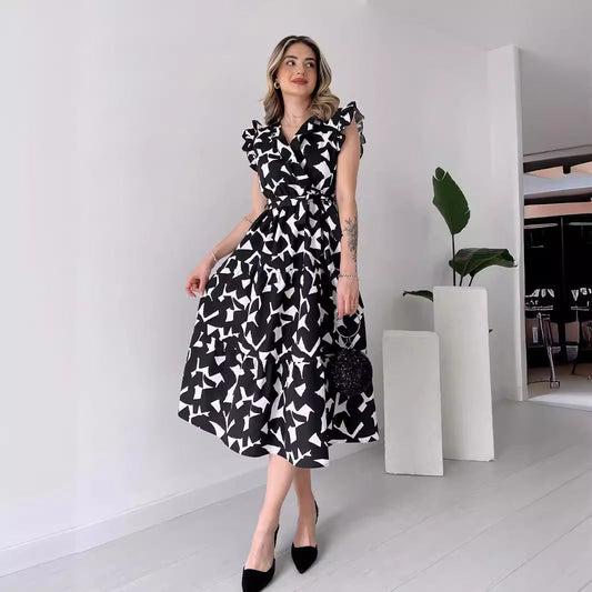 Elegant Dress V neck Slimming Waist Trimming Lace up Black White Printed Midi Dress