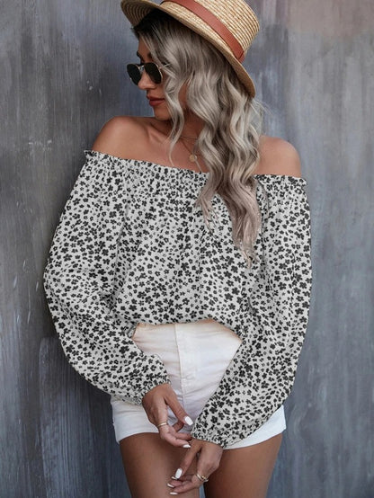 Autumn Winter Women Clothing Sexy off the Shoulder Printed Long Sleeve Loose Top T shirt