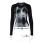 Women Clothing Autumn Winter Personalized Printing Design Sexy round Neck Long Sleeved Fitted T shirt Top