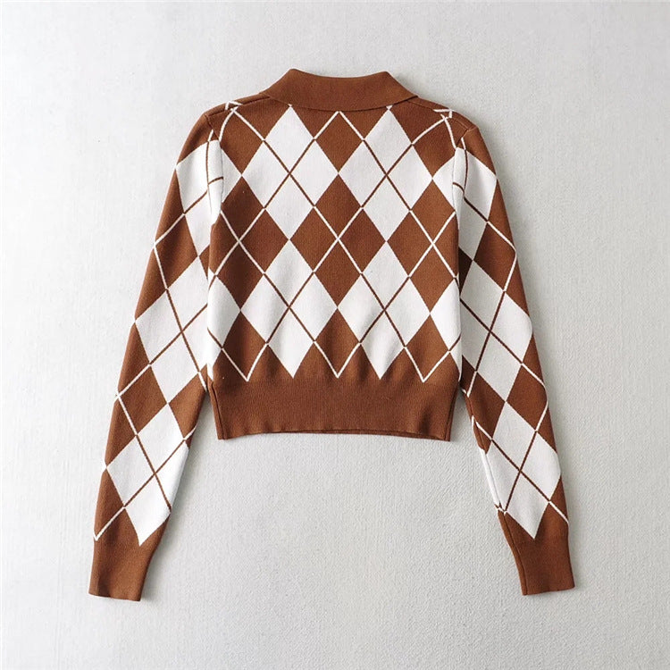 College Polo Collar Short Pullover Top Diamond Lattice Contrast Color Long Sleeves Knitwear Autumn