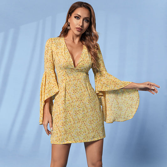 Popular Printed Waist Controlled Low Cut Romantic Vacation Sexy Bay Sleeve Dress