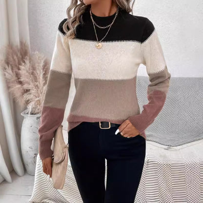 Autumn Winter Contrast Color Sweater Women Pullover round Neck Long Sleeves Knitwear Casual All Matching Tops