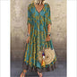 V-neck Three-Quarter Sleeve Vintage Printed Faux Two-Piece Women Dress Faux Two-Piece