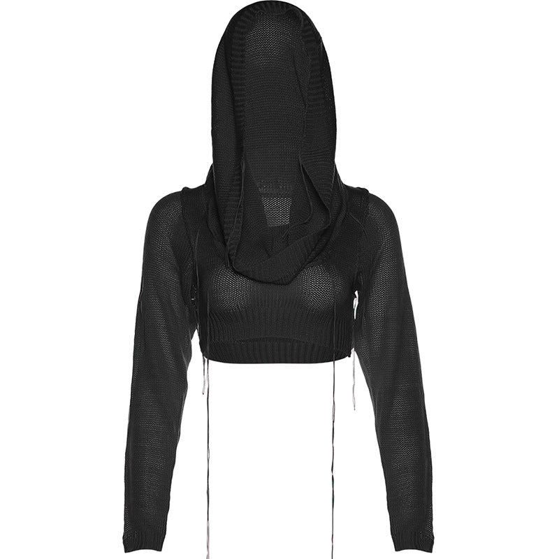 Autumn Women Clothing Hooded Long Sleeves Cropped Knitted T shirt