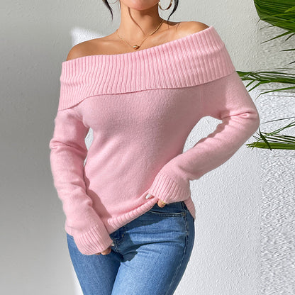 Women Clothing Slim Collared off Shoulder Sweater Sexy Knitted Sweater Solid Color Bottoming Sweater